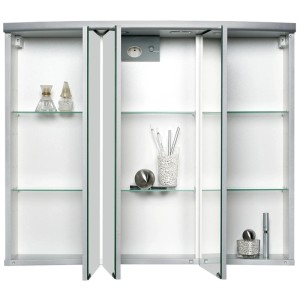 Armoire de toilette à LED Sieper Ancona, couleur aluminium, avec trois portes miroir et étagères en verre.