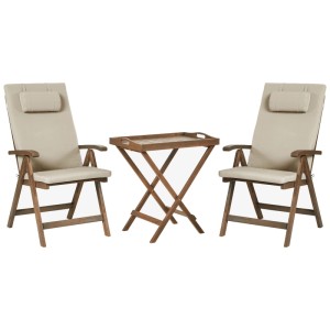 Akazienholz Bistro-Set Amantea Premium: 2 Hochlehner mit taupe Kissen, klappbarer Tisch. Ideal für Balkon.