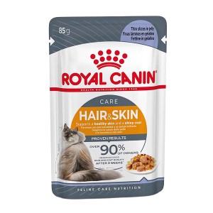 Royal Canin Hair & Skin Care cibo umido per gatti in gelatina, busta da 85g per pelo sano.