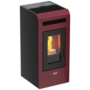 Poêle à granulés Ecofox 16 Bordeaux, 16,3 kW. Poêle bordeaux avec vitre et flamme.