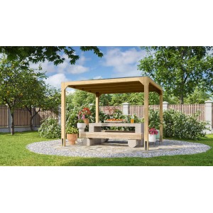 Pavillon Karibu Fyrkant naturel 320x320 cm dans jardin avec table et bancs.