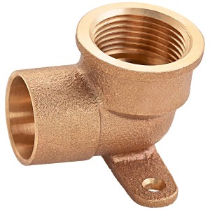 Raccordo a gomito di transizione a saldare in bronzo rosso, 22 mm x 24,1 mm (Rp 3/4) con piastra a muro per installazioni di tubi in rame.