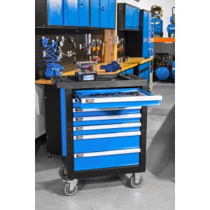 Chariot d'atelier bleu Güde Premium GWSP 07 avec assortiment d'outils de 250 pièces.