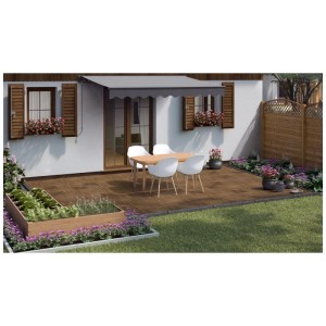 Dalles clipsables en acacia (6 pièces) posées sur une terrasse avec mobilier de jardin. Dalles en bois certifiées FSC®.