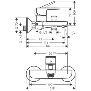 Disegno tecnico miscelatore vasca Hansgrohe Vernis Blend, dimensioni e connessioni.