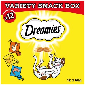 Dreamies Mixbox Katzensnacks, 12x60g, mit Huhn, Käse und Lachs. Knusprige Snacks für Katzen.