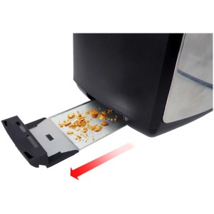 Tostapane Crispy Snack in acciaio inox con vassoio raccoglibriciole estratto e briciole.