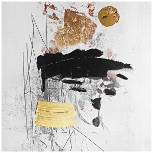 Quadro su tela dipinto a mano Fantasia I, 70x70 cm, con forme astratte in nero e oro.
