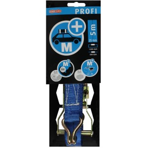 Sangle d'arrimage bleue, 24 mm de large, 5 m de long, avec cliquet et crochets.