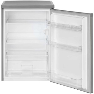 Offener, silberner Standkühlschrank VS 2185 IX mit Glasablagen und Türfächern.