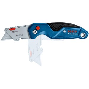 Couteau pliant Bosch Professional, bleu, avec lame déployée et lame de rechange.