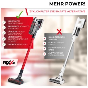 Aspirateur sans fil FliXXe T12 en gris-rouge : Comparaison avec la technologie de filtre cyclonique pour une aspiration constante.