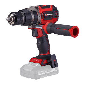 Trapano avvitatore a percussione a batteria Einhell TP-CD 18/70 Li-i BL Solo, rosso/nero, con impugnatura supplementare e mandrino autoserrante.