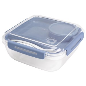 Rotho Salad Box Memory B3, 1.7 l, trasparente/blu orizzonte, con posate e vassoio interno.