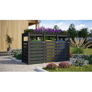 Cache-conteneurs Karibu anthracite pour 3 poubelles avec jardinière surélevée intégrée dans le jardin.
