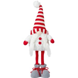 Figurine de Noël OBI lutin en polyester, bonnet rayé rouge/blanc, barbe blanche, boutons rouges, chaussures grises. Décoration.