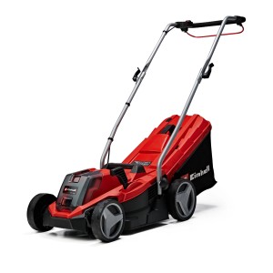 Tagliaerba a batteria Einhell GE-CM 18/33 Li-Solo, rosso, con cesto di raccolta e manico regolabile.