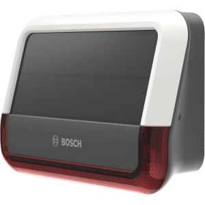 Bosch Smart Home Außensirene mit Solarpanel für Alarmanlagen, Gehäuse in Weiß, Grau und Rot.