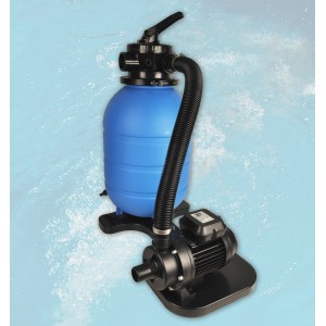 Système de filtration à sable Weka Medi avec pompe pour piscines, système de filtration bleu avec pompe et tuyau noir.