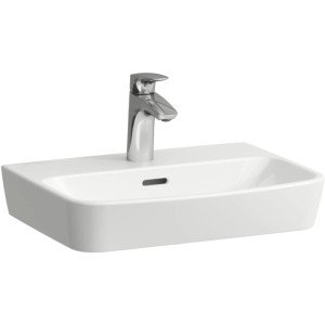 Lavabo Laufen Moderna R, céramique blanche, forme légèrement rectangulaire, avec robinet.