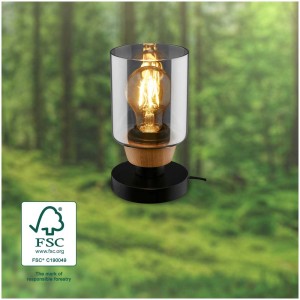Lampe de table design Briloner avec verre fumé, base noire et élément en bois. Hauteur 18,5 cm.