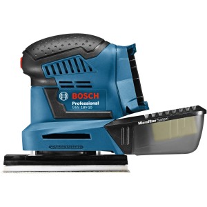 Ponceuse vibrante sans fil Bosch Professional GSS 18V-10 avec boîtier à poussière.