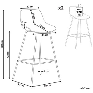 Beliani tabourets de bar Emmet, lot de 2, vert clair, dimensions: hauteur 100cm, hauteur d'assise 72cm, assise 32x43cm, max. 120kg
