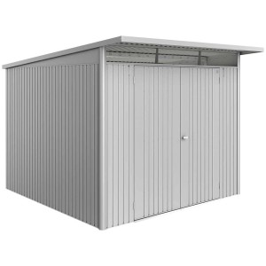 Casetta da giardino Biohort AvantGarde Eco Gr. A7, argento metallizzato, con doppia porta. Casetta in metallo con tetto a falda.