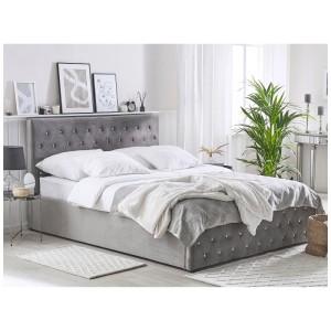 Graues Beliani Bett Amiens (160x200 cm) mit Stauraum und Samtbezug im Chesterfield-Look.