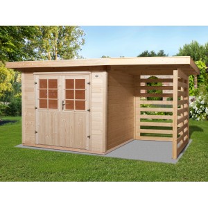 Casetta da giardino in legno OBI La Spezia con tettoia, abete naturale e doppia porta.
