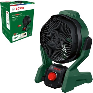 Ventilatore a batteria Bosch UniversalFan 18V-1000 Solo, corpo verde con rotore nero e pulsante rosso.