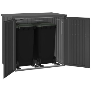 Biohort Alex Duo box à poubelles gris foncé métallisé pour deux poubelles de 240L avec portes ouvertes.