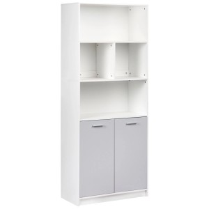 Bibliothèque Beliani Zehna blanche avec 3 compartiments ouverts et 2 portes grises. Design moderne.