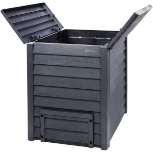 Compostiera Garantia Thermo-Wood, 600 l, antracite-marrone, con alette aperte.