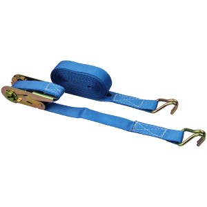 Sangle d'arrimage bleue en 2 parties (2 m) avec cliquet et crochets, idéale pour sécuriser les charges.