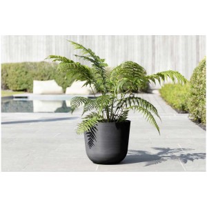 Pot de fleurs Ecopots Oslo gris foncé (Ø 55cm) avec fougère sur une terrasse.