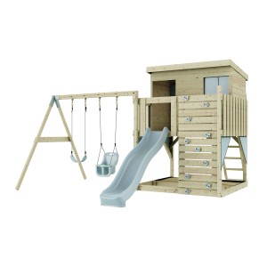Torre giochi PolarPlay Nils con altalena per bambini e scivolo, in legno non trattato.