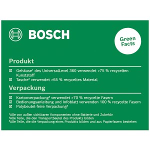 Livella laser a linee incrociate Bosch UniversalLevel 360: dati green su prodotto e imballaggio (contenuto riciclato).