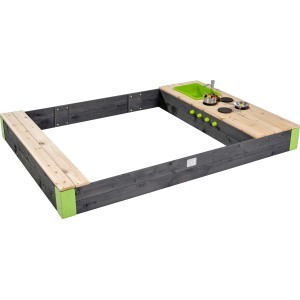 Sabbiera in legno grigia EXIT Aksent 200x140cm con cucina giocattolo e accessori.