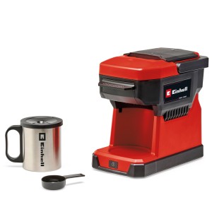 Einhell TE-CF 18 Solo macchina da caffè a batteria con tazza e misurino.