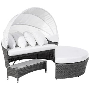 Isola prendisole Beliani Sylt Lux grigia con baldacchino, cuscini e tavolo. Poltrona lounge in rattan.