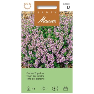 Confezione di semi di timo da giardino con timo in fiore. Erba aromatica perenne per condire e curare.