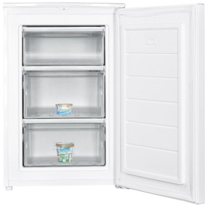 Congelatore SPC GS5492-1 bianco con porta aperta e tre cassetti. Congelatore compatto con capacità di 87 l.