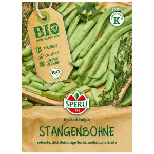 Bustina semi Sperli Fagiolo Rampicante Bio Neckarkönigin con fagioli verdi freschi. Varietà robusta, carnosa, 28 cm, congelabile.