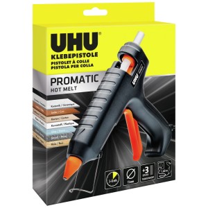 Pistolet à colle chaude UHU Promatic en kit, idéal pour le bricolage et les réparations.