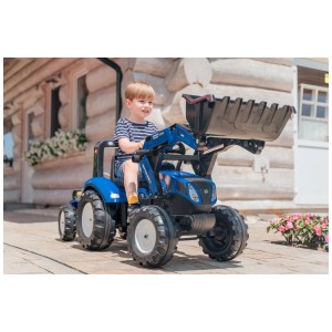 Trattore blu Falk New Holland XL con rimorchio e caricatore frontale per bambini.