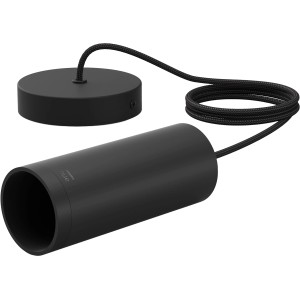 Lampada Philips Hue Lightguide con cavo tessile nero e paralume cilindrico.
