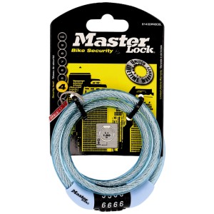 Master Lock Spiralkabelschloss, pastellblau, 4-stellig. Fahrradschloss mit Zahlencode.