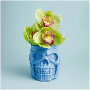 Vaso a forma di teschio blu con vernice per mobili Little Stars perlata e orchidee verdi.