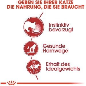 Royal Canin cibo per gatti: illustrazione di preferenza istintiva, funzione del tratto urinario e peso ideale.